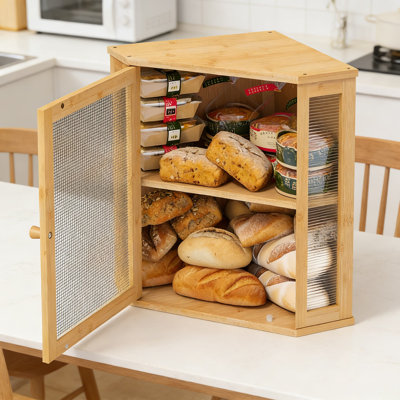 Corner Bread Box For Kitchen Counter, Large Capacity Bamboo Bread Storage Bin With Acrylic Wavy Door Panel For Freshness And Space Saving