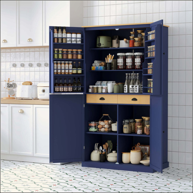 Grande armoire de rangement autoportante avec 2 tiroirs, 2 tablettes réglables, 8 tablettes de porte pour la cuisine, la salle à manger