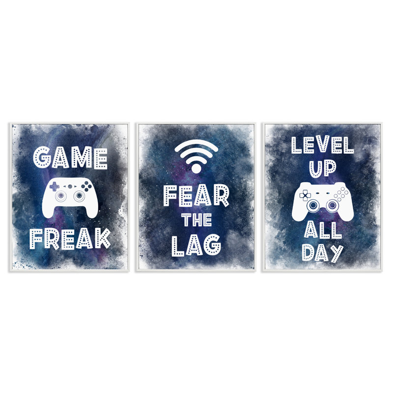 Gamer Quotes with Splash 3pc Framed Giclee Set, design by Marcus Prime, 14" H x 11" W, Coastal White Framed Giclee