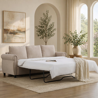 [VIDÉO FOURNIE] Canapé-lit convertible grand 2 en 1 de 81,5 po, canapé-lit escamotable, canapé-lit 3 places, avec matelas en mousse à mémoire de forme de 3,35 po, main courante à rivets, beige