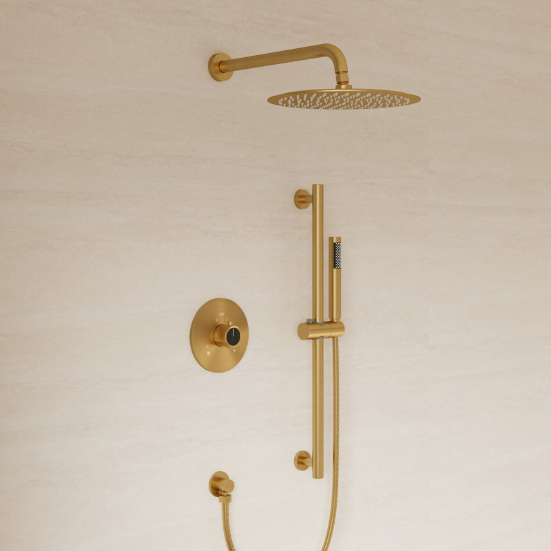 Système de douche à pluie 10 "à pression équilibrée avec douche à main réglable à glissière et valve brute, Or brossé