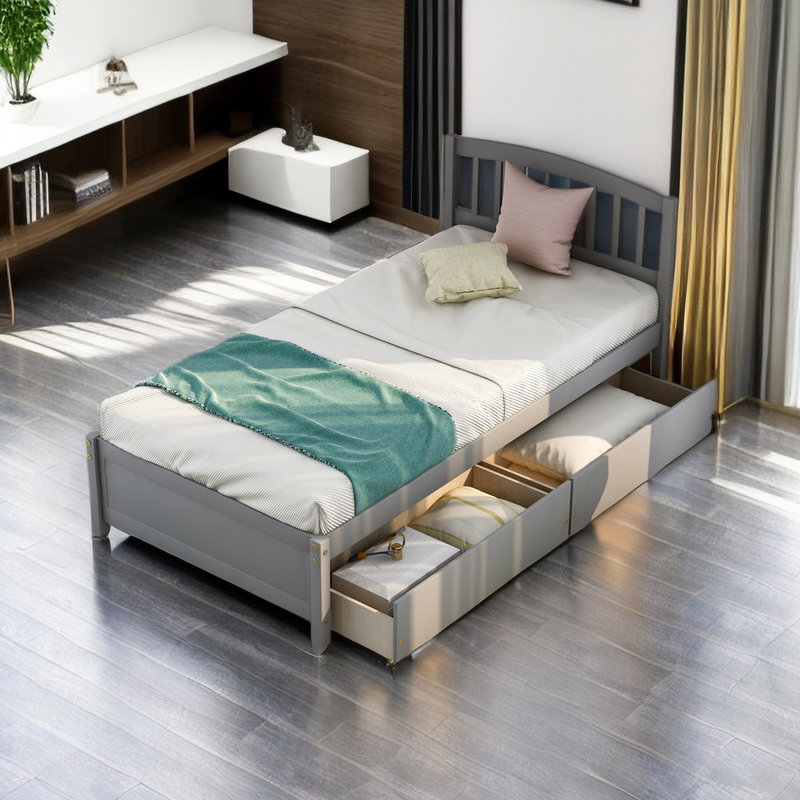 Cadre de lit plateforme simple avec deux tiroirs et tête de lit, gris