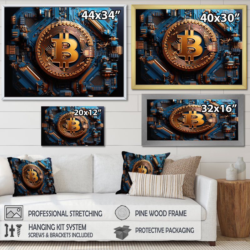 Azur, mode, Bitcoin - art mural mode, H 24 po x l 32 po x P 1 po, Cadre doré simple