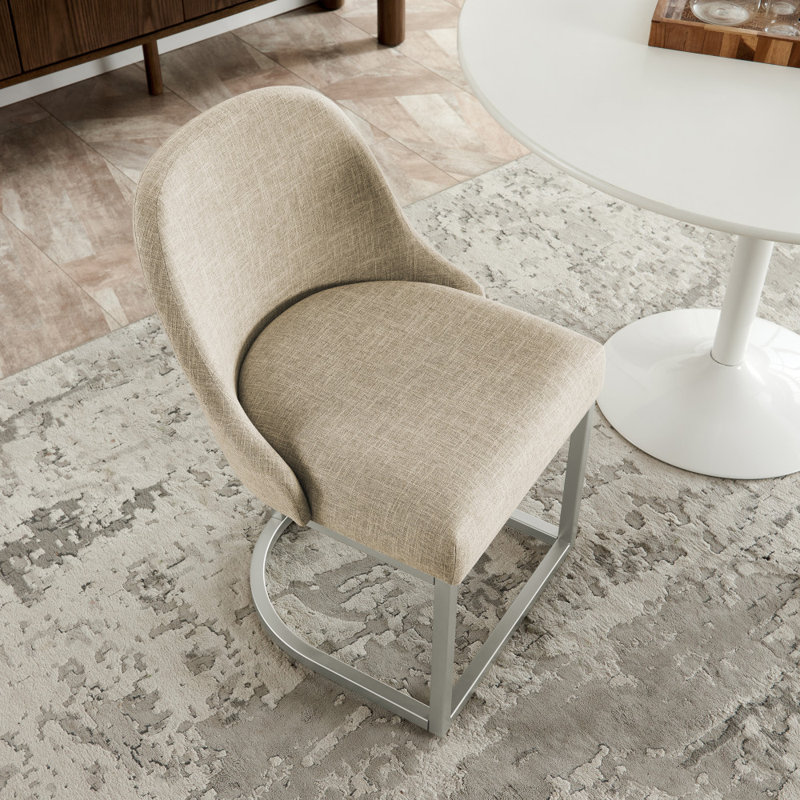 Borgos Linen Upholstered Barrelback Metal Base Dining Chair, Beige, Silver
