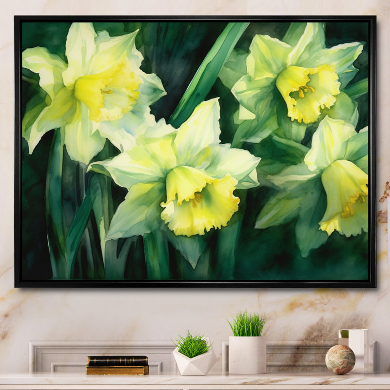 «Yellow Green Natures Impression Daffodil II» sur toile, H 34 po x l 44 po x P 1,5 po, Cadre flottant noir