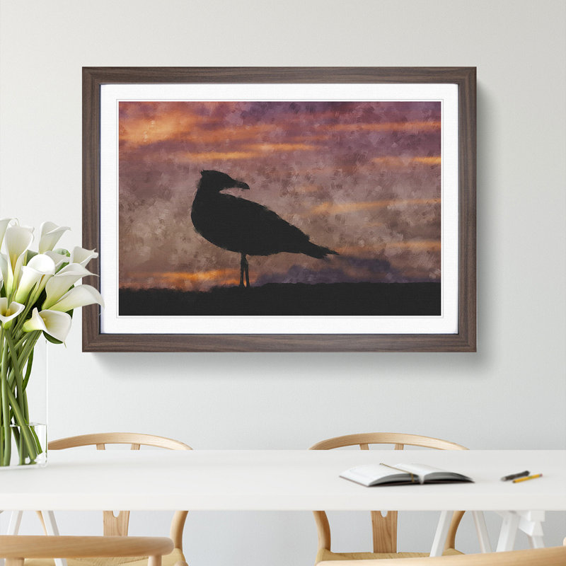Seagull and Purple Sunset - Picture Frame Graphic Art, Walnut Framed, 27cm H x 36cm W x 2cm D