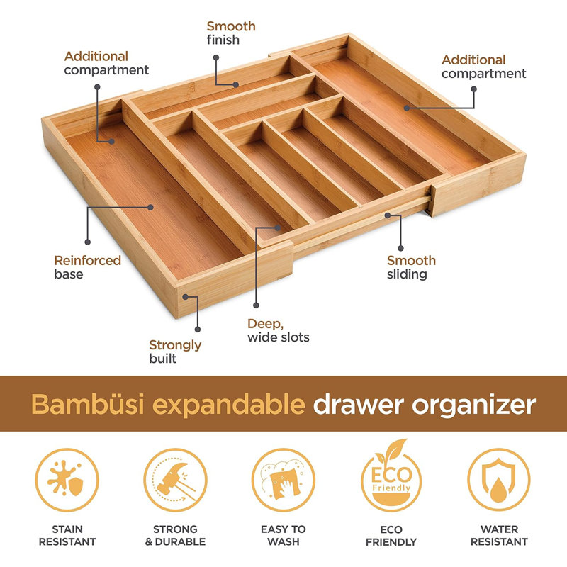 Expandable Bamboo Kitchen Drawer Organizer with Adjustable Compartments