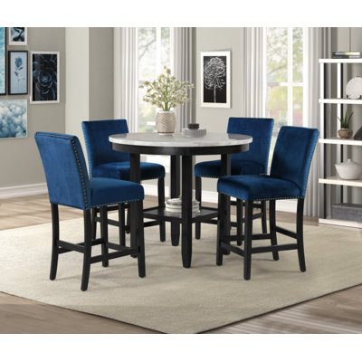 Transitional 5Pc Round Counter Height Dining Table Set Faux Marble Upholstered Royal Blue Fabric Dining Room Wooden Furniture -  Red Barrel StudioÂ®, ED6411907F494137B22AF4DBF1731A54