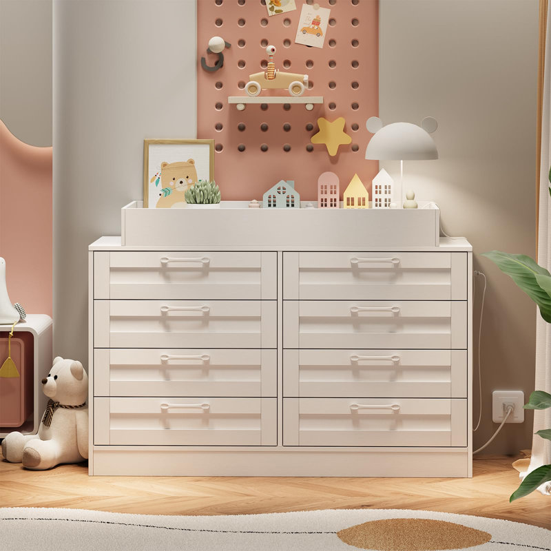 Baby Changing Dresser with 8 Drawers, Wooden Nursery Changing Table with Open Shelf, White