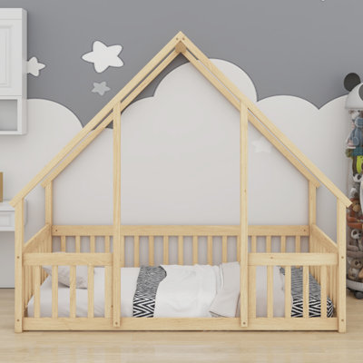 Stylish House-Themed Floor Bed Featuring Guardrails & Fence