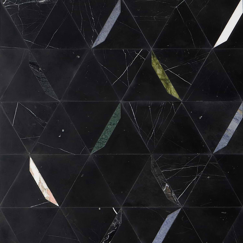 Tres 5x6 Triangle Polished Waterjet Marble Mosaic Tile, Nero Gem