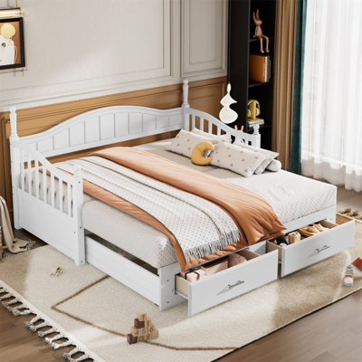 Lit de jour simple en bois avec lit gigogne extensible et deux tiroirs de rangement, parfait pour les chambres d'amis et les petits espaces