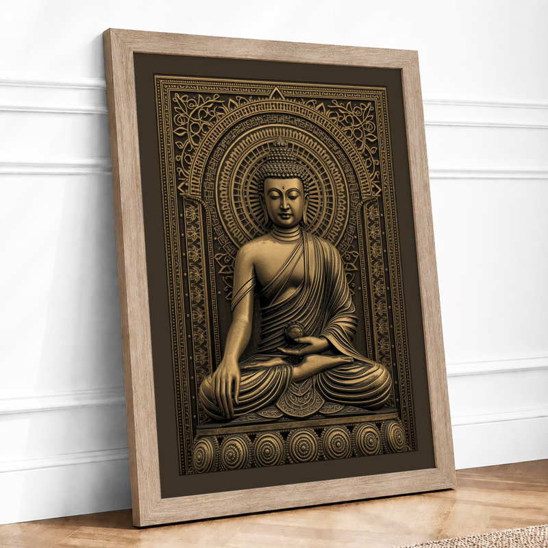 Meditating Buddha in Gold Japandi - Framed Print, Oak, A4 - 29.7 x 21.0 cm
