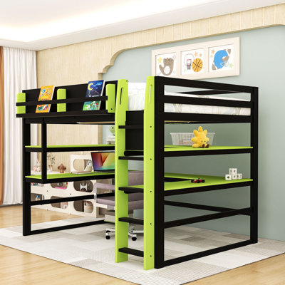 Wood Loft Bed with Desk, Wraparound Shelves, RGB LED Lights and Charing Station