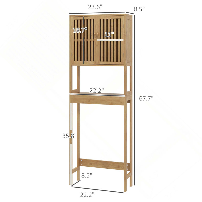 Bamboo Over The Toilet Bathroom Storage Cabinet With Slatted Doors, Adjustable Shelf & Open Shelf