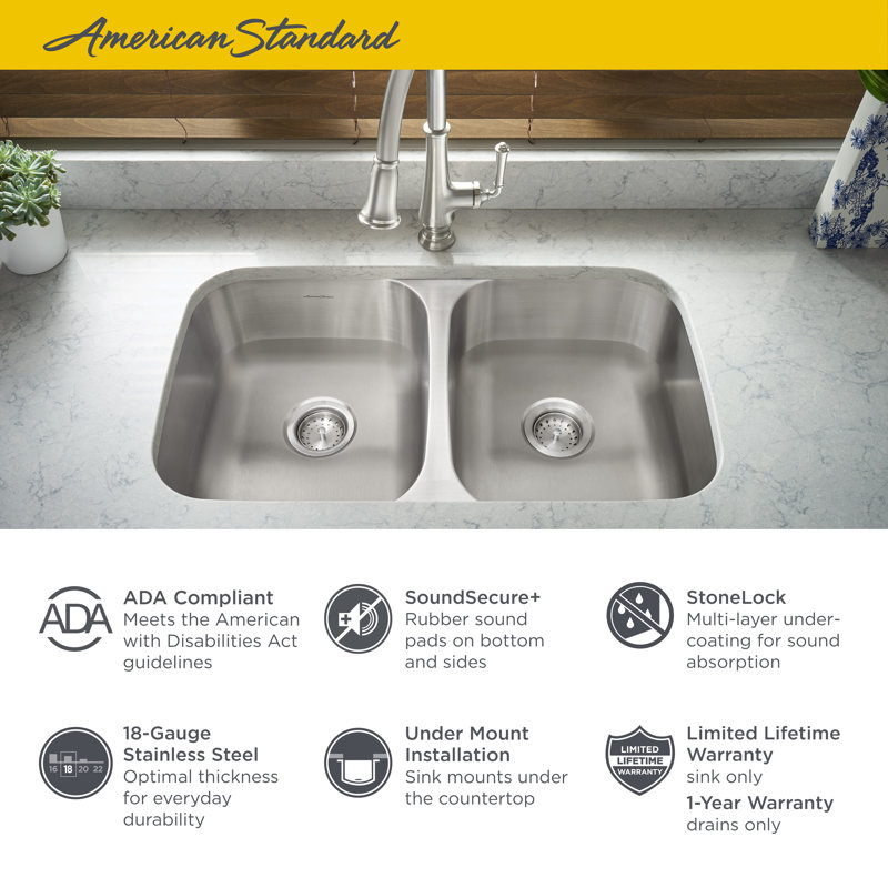 Portsmouth 32.25'' L Double Bowl Stainless Steel Kitchen Sink