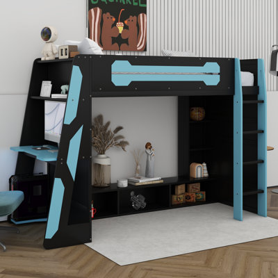 Twin Size Loft Bed With Desk And Storage Shelves & LED RGB Light, Gaming Bed Frame With Ladder And Guardrail