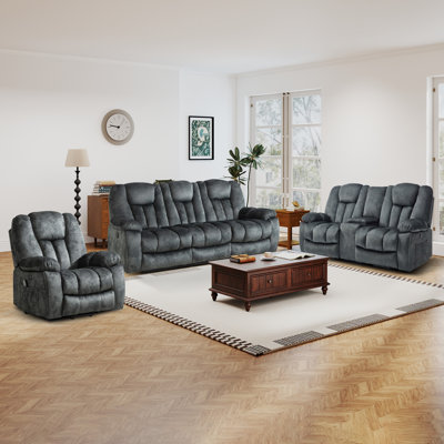Ensemble de salon inclinable 3 pièces en microfibre moderne avec fauteuil inclinable électrique, causeuse électrique et canapé inclinable manuel