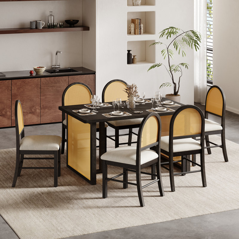 Table de salle à manger rectangulaire Farmf Roomfitter, 6 chaises en rotin, ensemble de meubles de cuisine 7 pièces, espresso