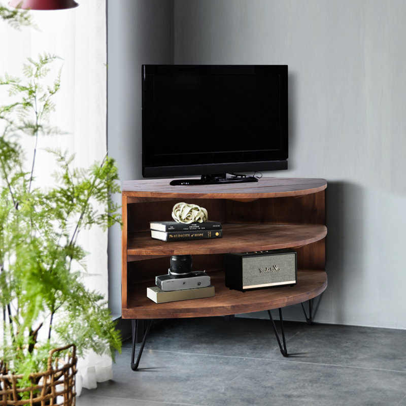 Living Room Fan Shape Reclaimed Wood Corner Media Shelf - & Tidy Fits Any Ornamentation 42.96 In Depth X 20.79 Width 23.93 Height 29.68 Lb Weight Console Table Construction Easy To Keep Style 42.96"