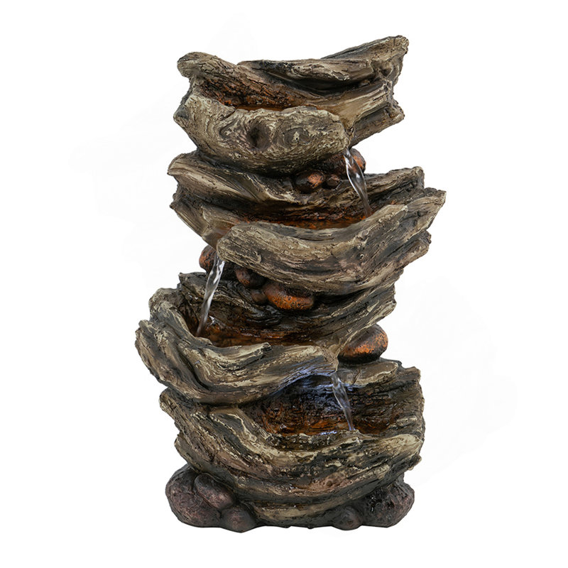 9X5x14" Indoor Brown Wood-Look Water Fountain, 4-Tier Polyresin Cascading Wood Tabletop Fountain With LED Light