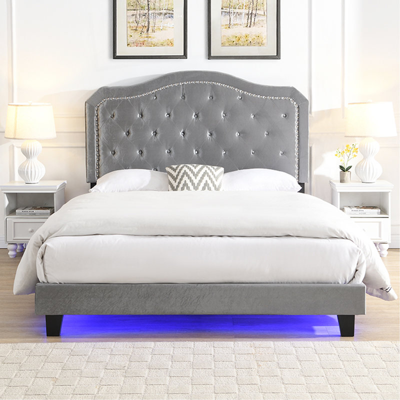 Bouton de lit rembourré capitonné avec un design incurvé - Support de lattes en bois robuste - Assemblage facile - Velours - Avec lit plateforme à lumière DEL