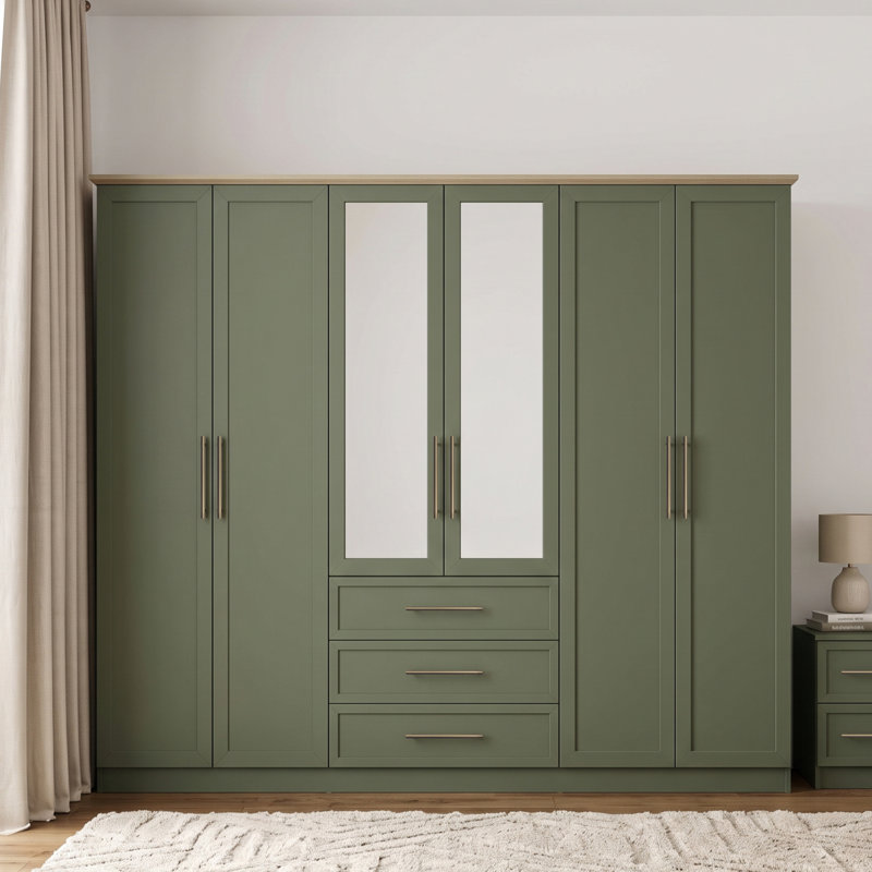 Cleverton Tellys 6 Door 3 Drawer Wardrobe with Mirror, Kale Green