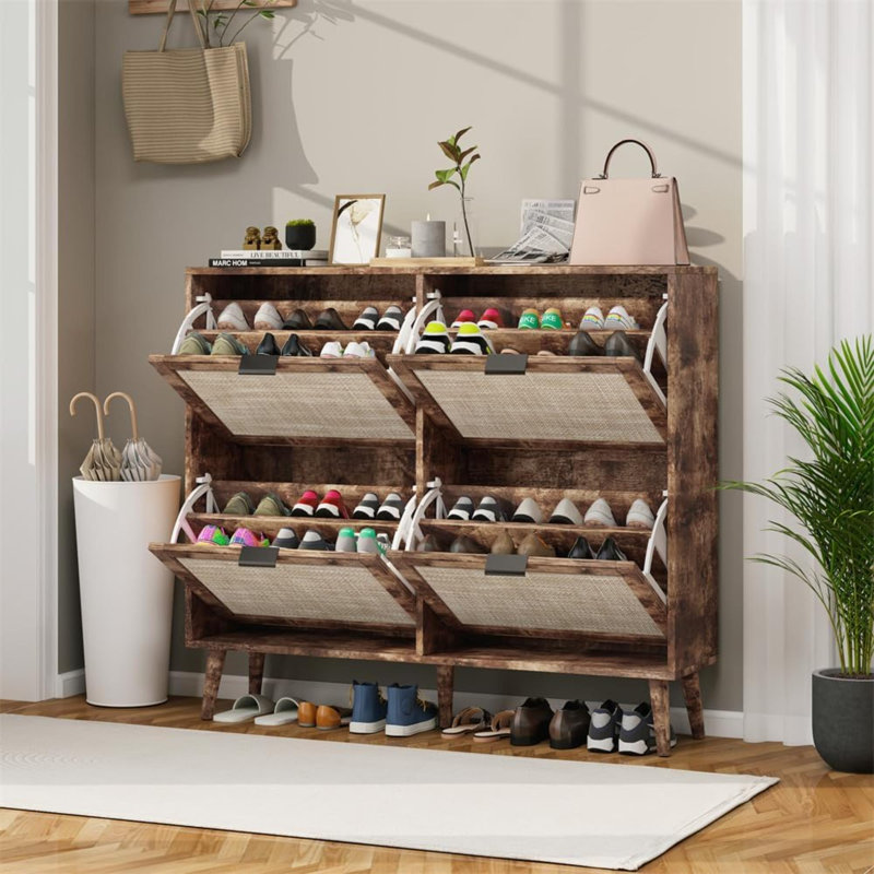 24 Pair Natural Rattan Shoe Storage Cabinet Rattan Shoe Cabinet Boho Rattan Shoe Storage Rattan Shoe Cabinet for Entryway