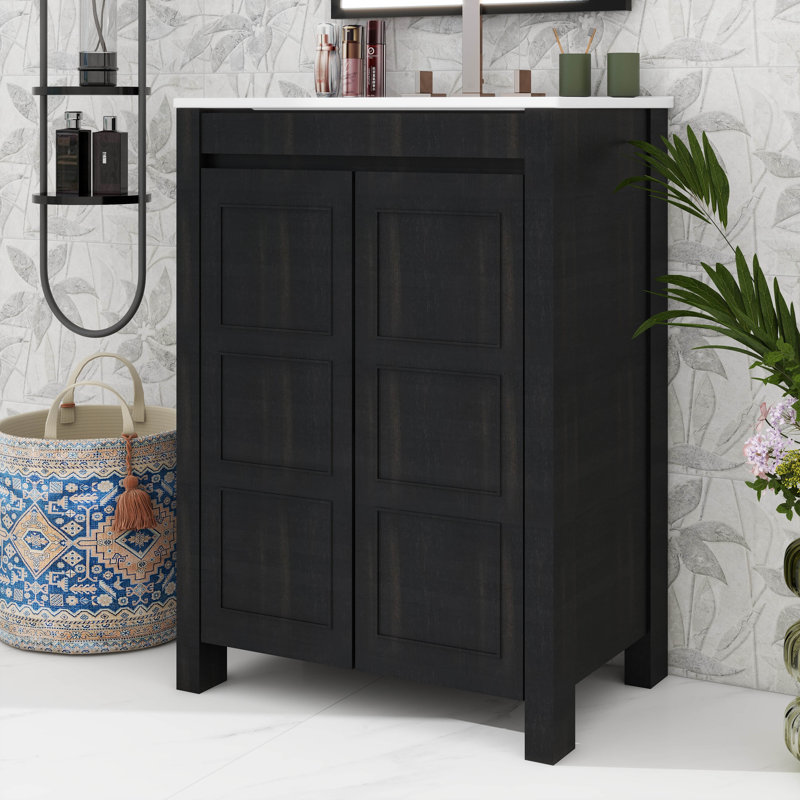 Petit meuble-lavabo de style rétro avec lavabo en céramique, Espresso