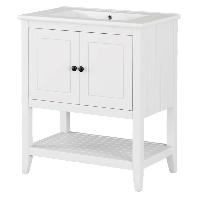 White 30" Modern Bathroom Vanity with Ceramic Sink and Solid Wood Frame