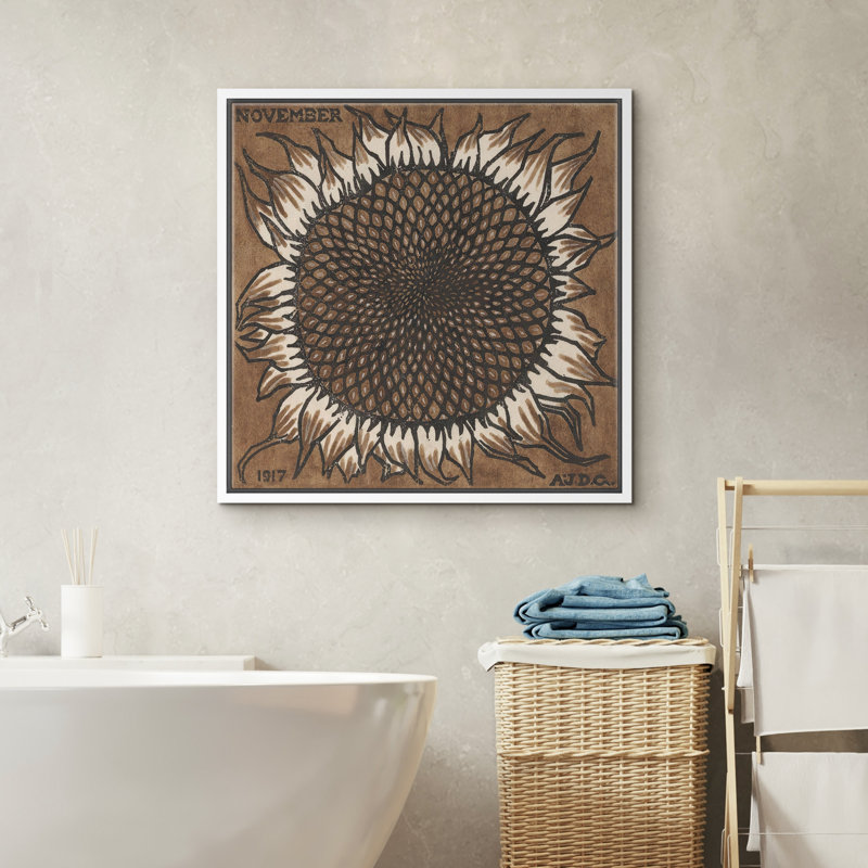 Tournesol brun, gros plan, élégantes illustrations rétro, campagne française rustique, Blanc, H 16 po x l 16 po