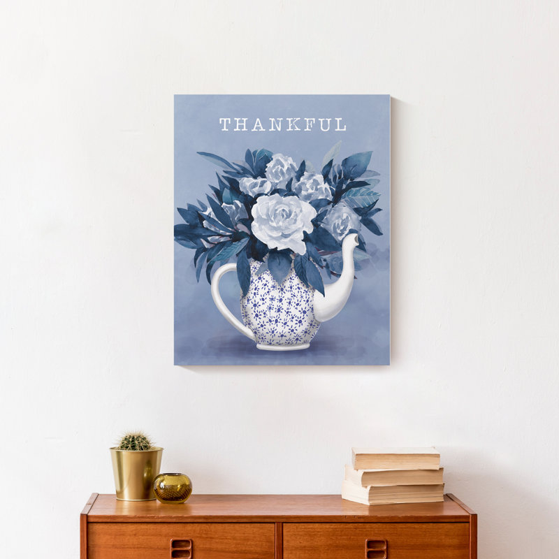 «Thankful Teapot With Flowers», peinture sur toile tendue