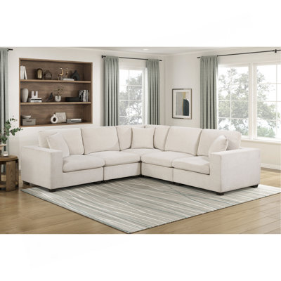 Contemporary 5-Piece Modular Sectional Corner Sofa Chenille Upholstery Foam Cushion Pillows Plywood Frame Living Room Furniture