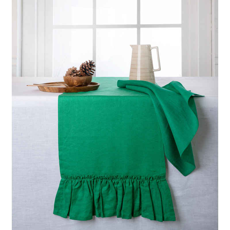 D'Moksha Homes Ruffle Linen Table Runner, Green, 90" Rectangle