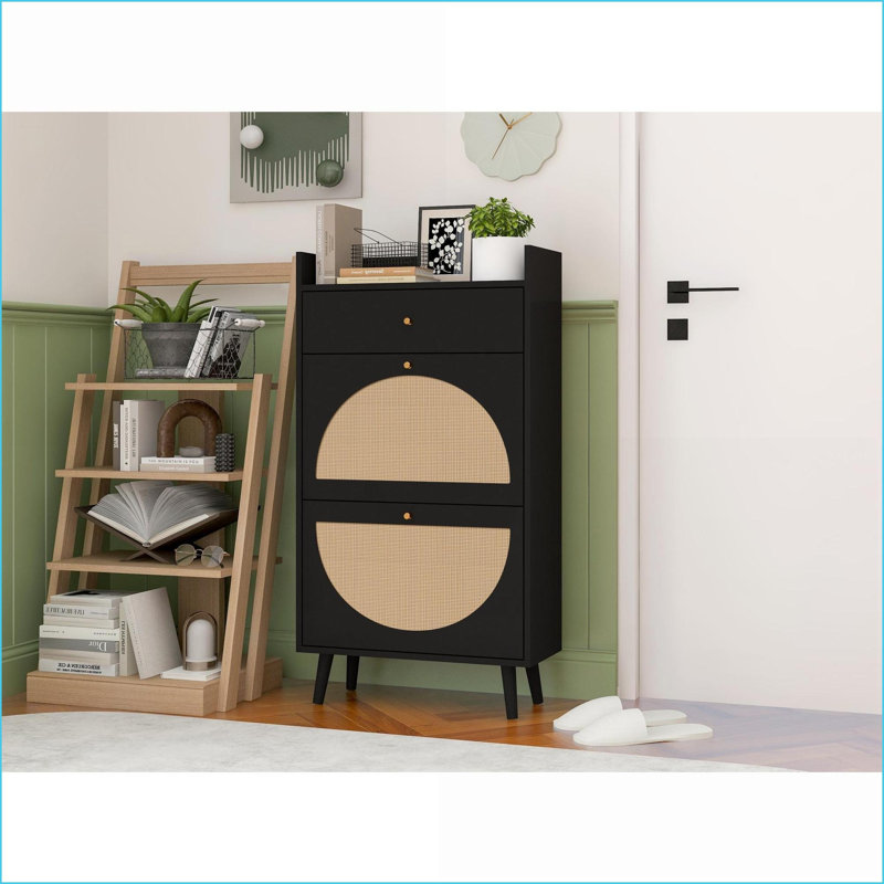 Shoe Cabinet 2-Door 1-Drawer Engineered Rattan with Pine Feet | Entryway | Traditional