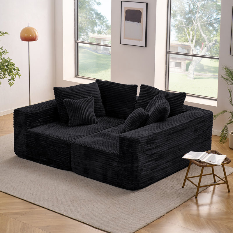 Chaise longue modulaire, rouleau de compression, aucun assemblage requis, flanelle revêtue de ressorts ensachés pour le salon, noir