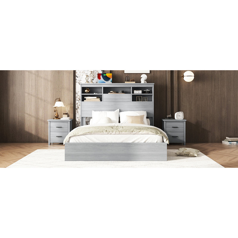 Grand lit plateforme avec rangement fonctionnel et tête de lit pour tête de lit fonctionnelle, Gris clair
