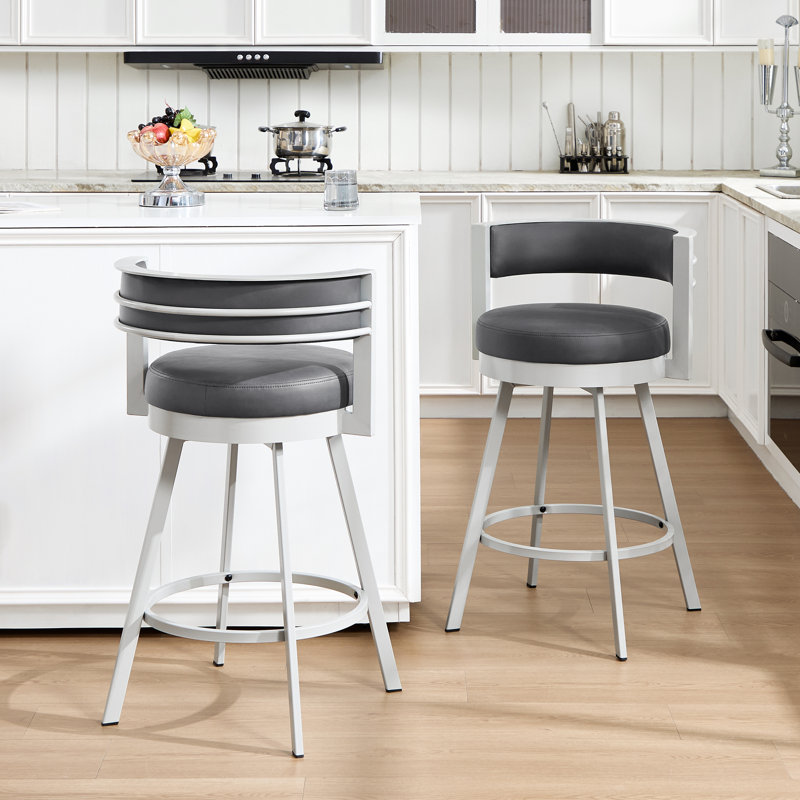 Ayala Rowan 26.6" Modern Swivel Leather Counter Stool withCurved Back and Metal Frame, Charcoal