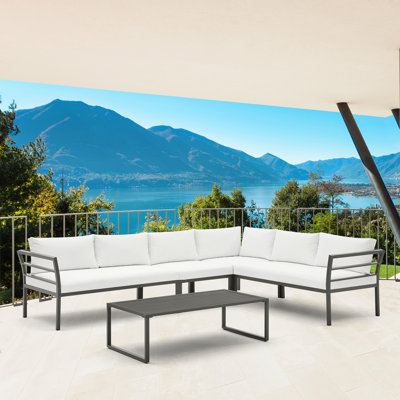 Ensemble de conversation modulaire pour terrasse avec coussins en polyester et table basse de couleur blanche Sunn minim
