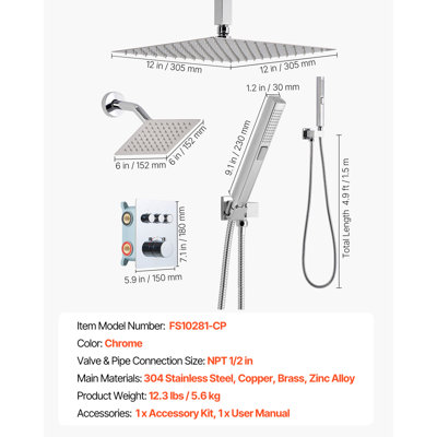 Shower Faucet Set, 12 Inch Thermostatic Ceiling Mount Rainfall Shower System with 6 Inch Wall Mount Head and 2 in 1 Handheld Spray, 3-Function Dual Rain Head Brass Valve & Trim Kit, Matte Black