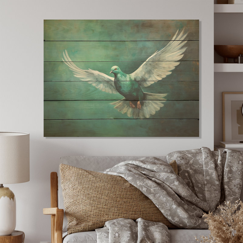 Teal Dove S Journey - art mural sur bois de pin naturel, H 30 po x l 40 po