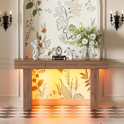 63-Inch Long Console Table With LED Lights And 3 Drawers, Wooden Rectangular Sofa Table Behind The Couch, Farmhouse Entryway Table For Entrance, Hallway, Living Room (Natural)