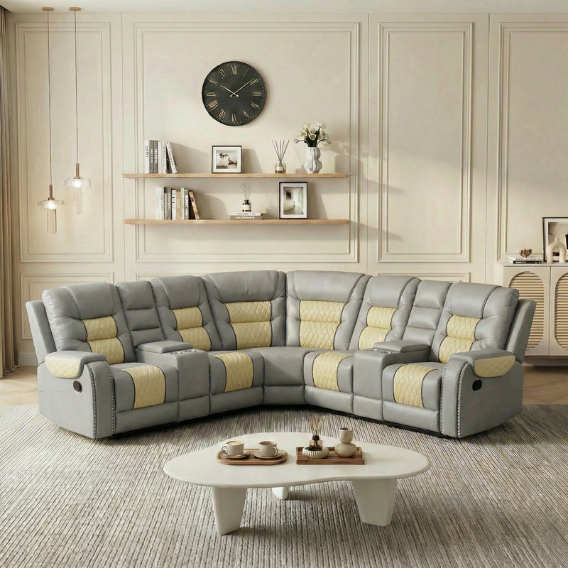 Canapé modulaire inclinable manuel en cuir synthétique 3 pièces, avec porte-gobelet et console, Beige