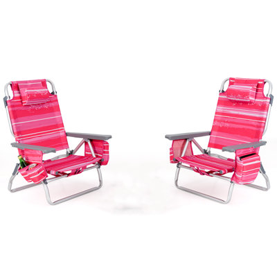 2pcs Folding Backpack Beach Chair Table Set 5-position Outdoor Reclining Chair Hot Pink