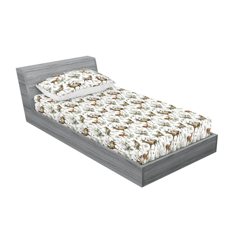Ambesonne Fitted Sheet & Shams, Twin Sheet Set with 1 Pillowcase, Laurel Green/White Floral