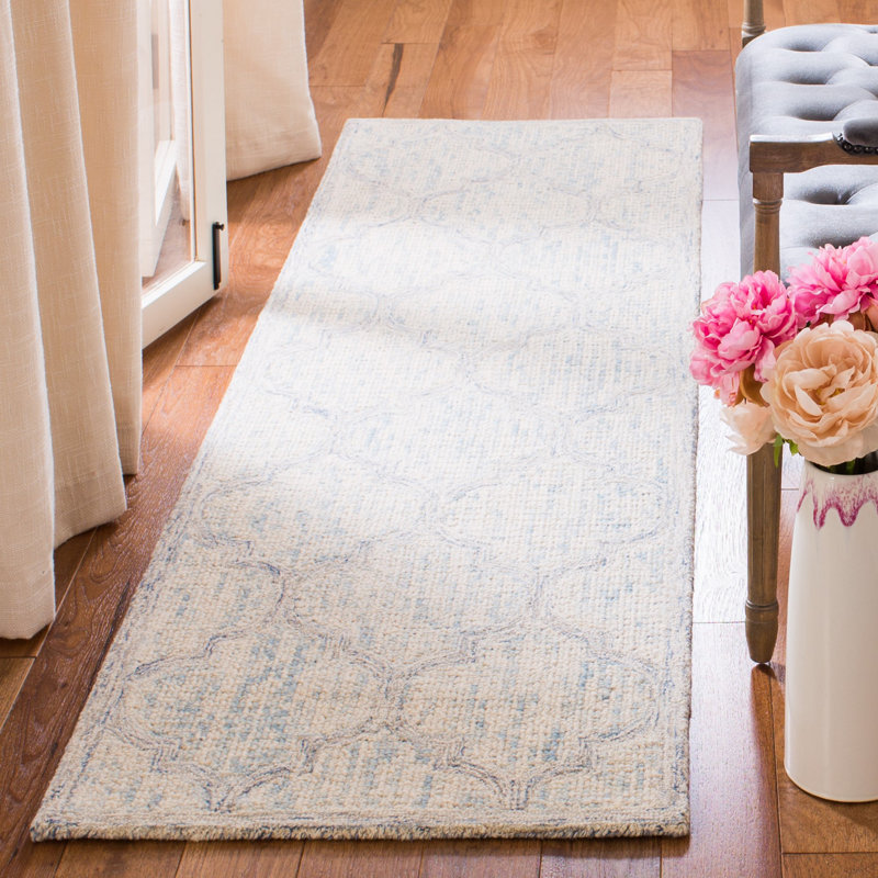 Tapis ivoire / bleu clair en laine touffeté à la main Swanner, Tapis de couloir 2 pi 3 po x 12 pi