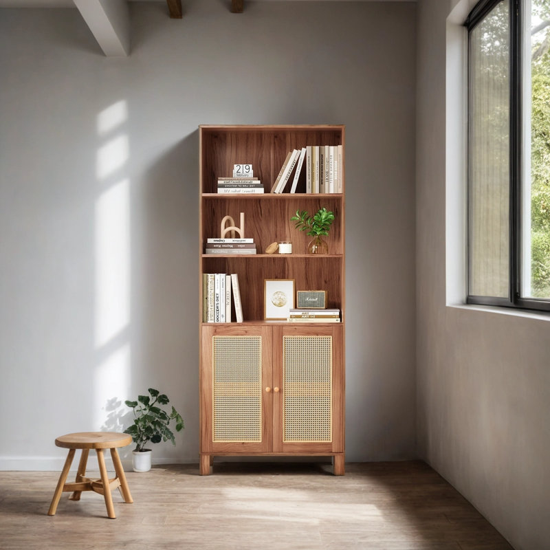 Bibliothèque à 5 niveaux avec portes en rotin et tablettes de rangement, Brun