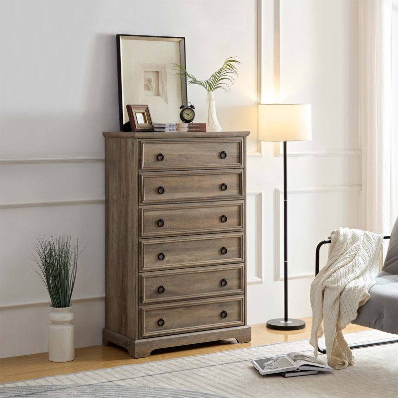 Commode moderne à 6 tiroirs avec poignées faciles à tirer, bordures texturées et grand espace de rangement pour la chambre à coucher et le salon