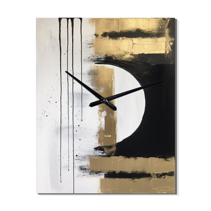 Minimal Joy In Black And Gold V - Abstract Painting Wall Clock Oversized, 32" H x 16" W x 1" D