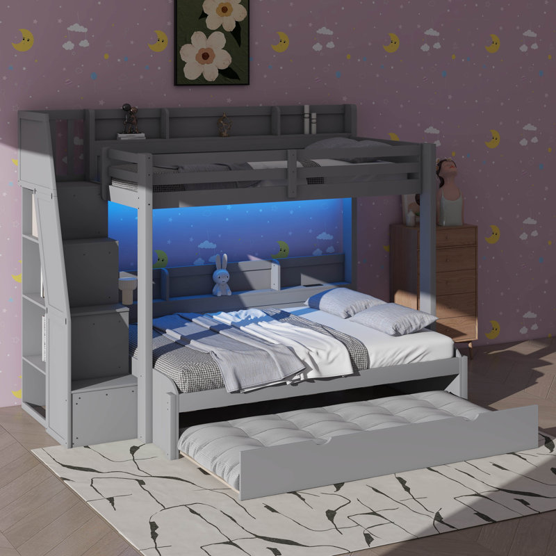 Twin Over Full Bunk Bed Featuring Storage Staircase, Pull-Out Bed, Storage Units, LED & USB Ports, Gray